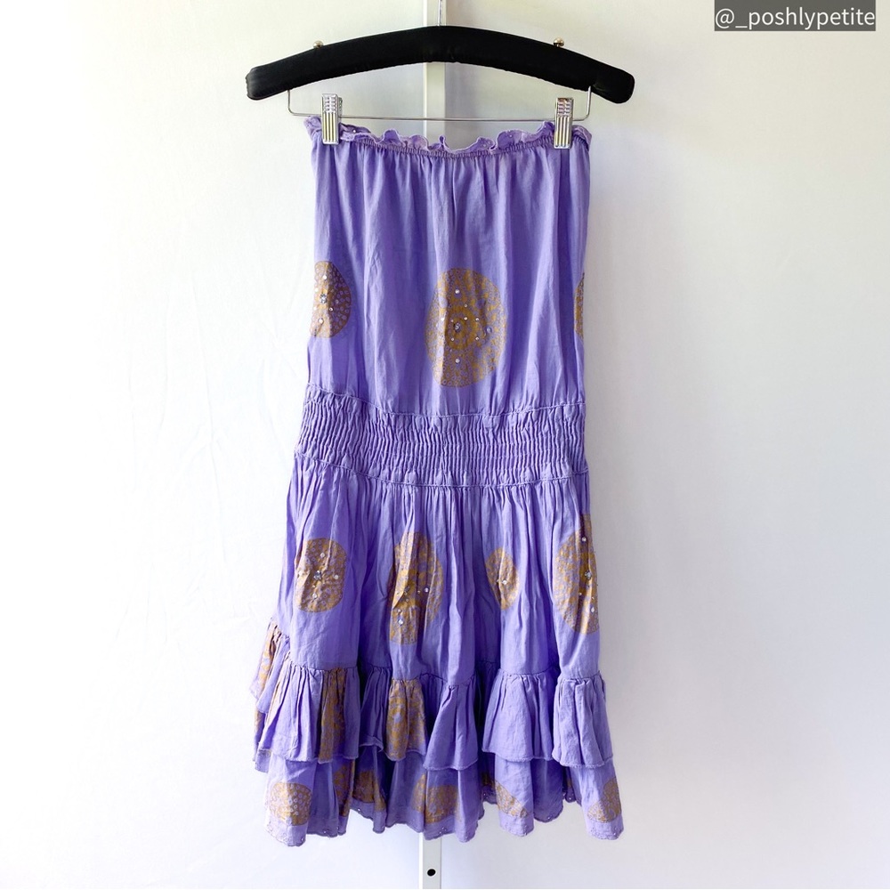 Moda International XS purple strapless smocked mini  tiered embellished dress